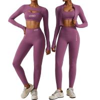 Kadın atletik giyim takım elbise tam Zip up spor uzun kollu ceket spor sutyen ve tozluk 3 parça egzersiz Yoga seti