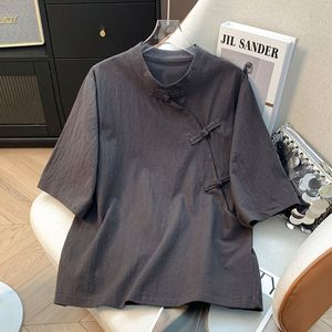 Women's Solid Color Linen Top Stand Collar Chinese Style Buttons Short Sleeve Tea Shirt Dark Red Summer 2025 - Product Image 2