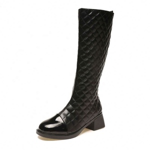 Women's Quilted High Top <b>Boots</b> with Square Heel Pointed Toe PU Upper Zipper Closure for Autumn Winter <b>Spring</b> - Product Image 5