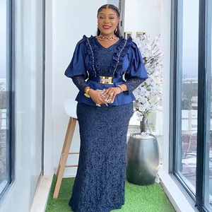 S10761 <span class=keywords><strong>Abiti</strong></span> da Chiesa alla Moda <span class=keywords><strong>per</strong></span> Donne, Maniche Lunghe, Scollo a V, Pizzo con Volant, Vestito Lungo da Festa Serale, Elegante Abito Dashiki con Cintura - Product Image 4