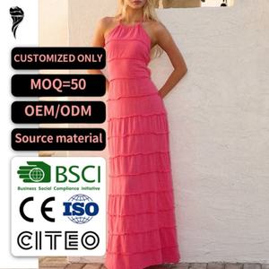 Robe longue rose sexy à col halter pour femme, nouvelle collection 2026, avec volants étagés et coupe fluide, idéale pour l'été, la plage, les vacances et les soirées. - Product Image 1