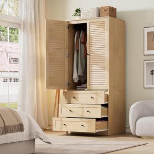 <span class=keywords><strong>Armoire</strong></span> penderie moderne en bois à 3 tiroirs, panneau surélevé, tringle de suspension, 2 portes, meuble de rangement pour vêtements, chambre à coucher - Product Image 1