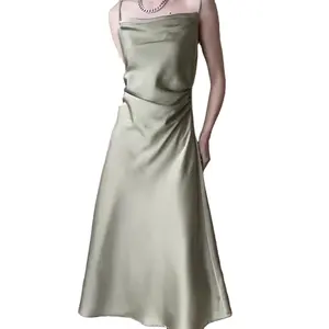 Custom Women&#39;s Dress Waist Slim Halter Dress French Light Luxury High Sense Satin Cotton Clothing Woman Natural OEM Service