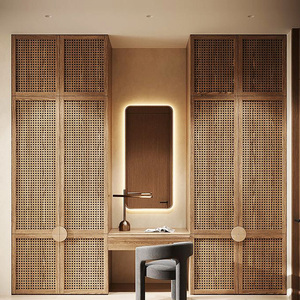Armoire vintage en bois massif avec coiffeuse intégrée, placard à quatre portes style bois naturel, dressing sur mesure style Wabi-Sabi - Product Image 5