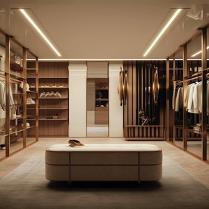 Cabina Armadio Balom su Misura Stile Italiano, Beige Legno Scuro, con Area Appendiabiti Aperta, per Appartamento e Camera da Letto - Product Image 2