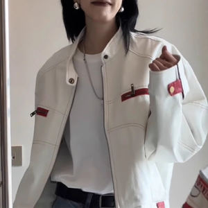 American High-street Leather <strong>Biker</strong> <strong>Jacket</strong> for Women Loose Short Design for <strong>Petite</strong> Figures with Embroidery - Product Image 1