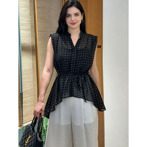 Atasan Wanita Tanpa Lengan Bahan Chiffon Transparan Motif Polkadot / Hitam Polos Kerah V dengan Ikat Pinggang Model Peplum 2026 - Product Image 4