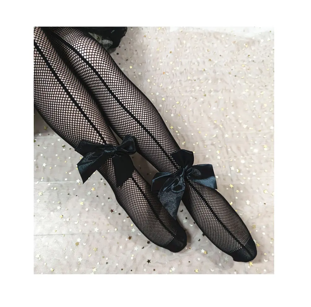 Children's fishnet stockings hollowed out with one line bow pantyhose women's silk stockings black mesh socks