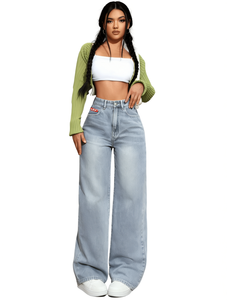 Jean large en denim pour femme, taille haute, coupe ample, délavage clair, longueur complète, style décontracté avec poches, respirant, idéal pour le printemps - Product Image 1