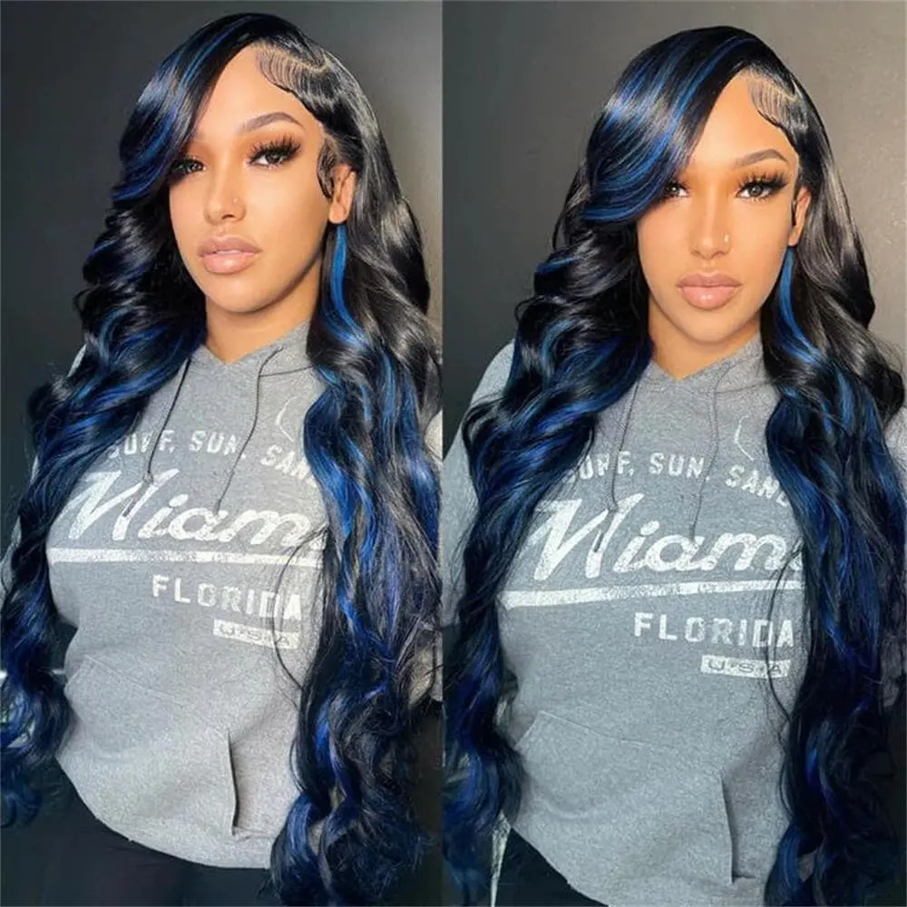 Wig warna rambut manusia bagian depan renda transparan 13*4*4*4 gelombang tubuh rambut hitam sorot biru acara Modern untuk wanita