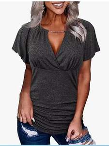 Camiseta de talla grande con cuello en V adornada con cadena plisada para mujer de nueva moda europea y americana - Product Image 2