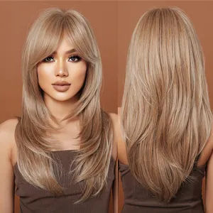 Perruque synthétique longue Blonde avec frange de rideau, sortie d'usine moq1, perruque lisse Blonde légère, cheveux naturels ondulés pour femmes