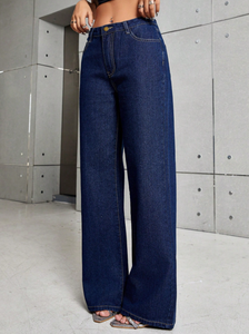 2025 Cao Eo Màu Xanh Đen Rộng Chân Sàn Jeans Cho Phụ Nữ Lỏng Lẻo Mỏng Phong Cách Giản Dị Quần Jean Quần Cho Phụ Nữ Thiết Kế - Product Image 2