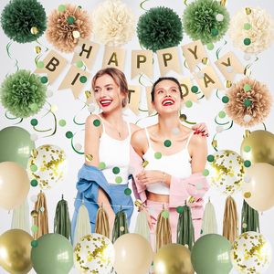 Decorazioni per feste di compleanno verdi per donne ragazze striscione di buon compleanno carta velina pompon palloncini di carta con nappe accessori - Product Image 3
