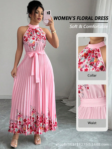 Vestido Largo de Fiesta para Mujer 2026, Estilo Halter con Estampado Floral, Plisado, Corte en A, Cintura Natural, de Chifón, Largo hasta el Suelo - Product Image 1