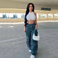Jean baggy à jambe large pour femme, avec fermeture éclair, taille haute, 6 poches cargo, boutons, délavage clair/foncé, style vintage