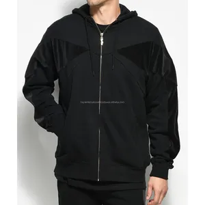 Hot Selling pure black with panels on shoulders wholesale cotton blank with velvet patches pull over hoodie