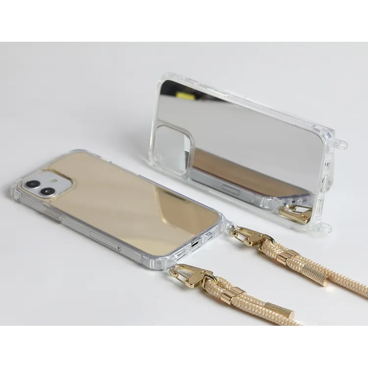 Casing Ponsel Cermin Bening, Casing TPU + Akrilik Bebas Genggam Gaya Kustom dengan Kait Jepret Kabel PPM Warna Emas untuk IPhone 13