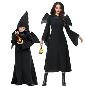 Children And Adult Carnival Hooded Clock Romper Girl Black Bat Cosplay Costume Halloween Performance Clothing With Wings