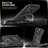 Étui de téléphone avec support rotatif antichoc imperméable à l'eau de conception robuste avec protection de l'appareil photo coulissante magnétique avec porte-cartes