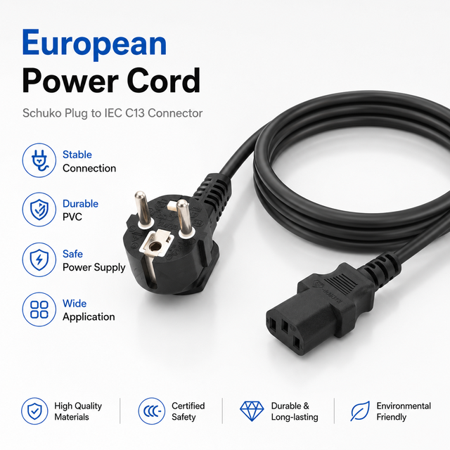 European Standard Power Cord Durable PVC Cable With Schuko Plug IEC C13 Connector for Computer Monitor Office Equipment