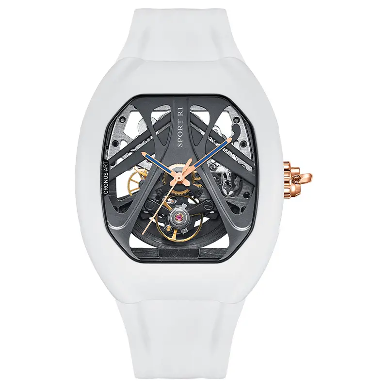 White Automotive Design Style streamline 365l cassa in acciaio Double sided sapphire mirror orologio meccanico di lusso con cinturino in gomma