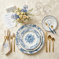 Service d'assiettes de luxe en porcelaine fine, motif élégant, céramique, vintage, motif oiseau bleu, bord doré, vaisselle de table pour boutique et détaillants