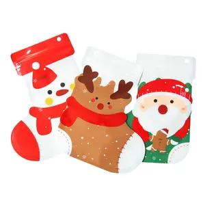 Weihnachts socken Design Kunststoff Geschenk Reiß verschluss taschen für Candy Sweet Cookie Food Verpackung mit Loch