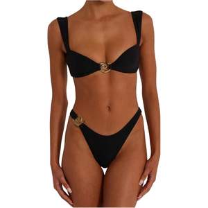 Ensemble de bikini deux pièces pour femme, coupe haute, avec anneau métallique personnalisé, style bandeau, maillot de bain sexy brésilien échancré en Spandex et Nylon extensible - Product Image 2