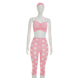 Viviblook Q26ST076 Women <b>Summer</b> Sexy Sleeveless Halter Crop Top Tight Cropped <b>Pants</b> Polka Dot Printed 3 Piece Set With Headband - Product Image 2