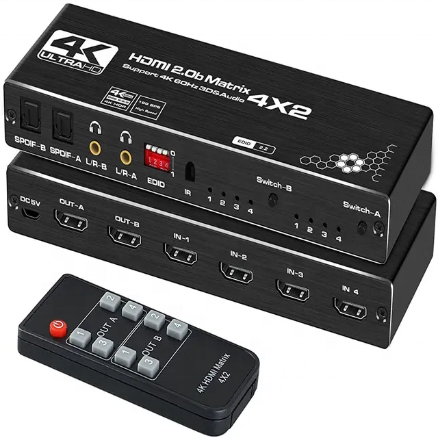 TV-link 4K 60Hz HDMI2.0b 4x2 4-in-2-Out Switch Splitter Scaler EDID HDCP2.2 Aluminum Black CE/FCC RoHS 12-Month Warranty