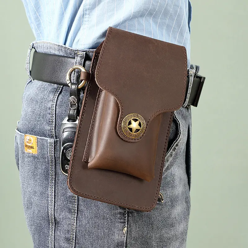 Véritable sac de taille en cuir véritable pleine fleur sac de téléphone rétro Vintage Style Mini noir marron mâle téléphone portable ceinture sac