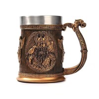 Bouteille d'eau grande capacité en acier inoxydable style vintage, type baril nordique viking, avec couvercle et marteau, motif bateau dragon et guerrier, pour bière