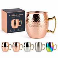 Mug à cocktail Moscow Mule en acier inoxydable martelé à la main, plaqué cuivre, avec poignée dorée et logo personnalisé gravé, pour service de bar (vente en gros)