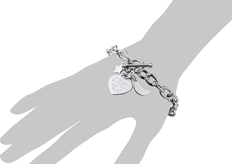 Mots gravés "Je T'aime à la Lune et Au Dos" et Coeur Étoile de Lune En Acier Inoxydable Charme À Bascule bracelet
