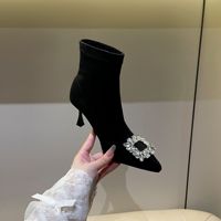 Bottes hautes à talon épais et bout pointu pour femme, en PU zippé, extensibles, en daim noir, pour l'automne et l'hiver, rehaussantes