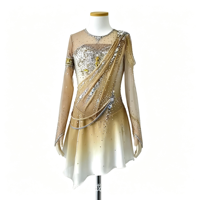Robe de patinage artistique dégradé champagne avec strass et maille, manches longues, pour enfants et adultes, tenue de performance pour compétition sur glace