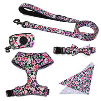 Ensemble de harnais pour chien à imprimé floral, vente en gros, OEM ODM, harnais rembourré, collier, laisse, bandana pour chiens de petite et moyenne taille