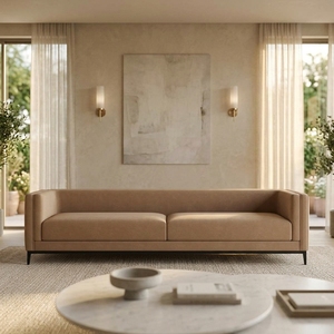 Canapé FERLY moderne et minimaliste de style industriel avec pieds en métal <span class=keywords><strong>noir</strong></span> fins, élégant canapé en <span class=keywords><strong>velours</strong></span> camel 2 places pour bureau de direction - Product Image 1