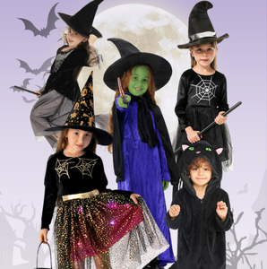 Costume de sorcière pour enfants, robe d'Halloween, ensemble sweat à capuche en peluche chat noir, 5 styles assortis, jupe toile d'araignée, tenue de fête fantaisie en polyester - Product Image 6