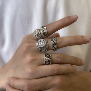5 Pçs/set <span class=keywords><strong>Goth</strong></span> Totem Cavalo Chama Antique Silver Color <span class=keywords><strong>Ring</strong></span> Set para Homens Unisex Punk Esculpido Knuckle Masculino Jóias Acessórios (RG271) - Product Image 3