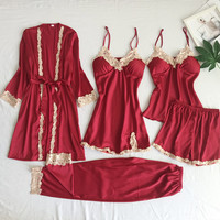 Ensemble de lingerie en satin de soie sexy pour femmes TJ, cinq pièces, pyjama une pièce à bretelles, vêtements de nuit confortables pour l'été