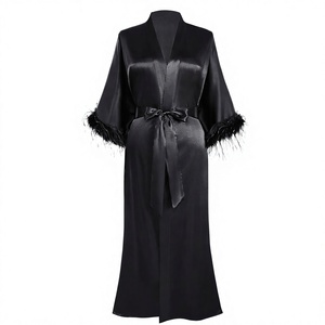 Kimono in <span class=keywords><strong>Raso</strong></span> Solido, <span class=keywords><strong>Vestaglia</strong></span> Lunga Setosa con Bordo in Piume di Struzzo, Abbigliamento da Notte, <span class=keywords><strong>Vestaglia</strong></span> da Sposa per Damigelle - Product Image 1