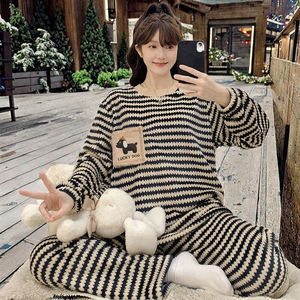 Pijamas de Franela Transpirables y Térmicas para Mujer, Estilo Casual de Moda para Invierno y Primavera, Cuello Alto, Mangas Largas, Cintura Elástica - Product Image 2