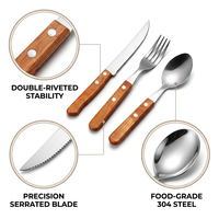 Ensemble de couverts modernes et élégants en acier inoxydable 304, avec manche en bois naturel double-riveté, couteau à steak, fourchette et cuillère, pour hôtels et réceptions