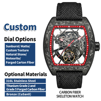 Montres mécaniques automatiques personnalisées avec logo OEM, cadran squelette, boîtier rectangulaire en fibre de carbone, bracelet en nylon, montre-bracelet pour homme, loisirs et sport