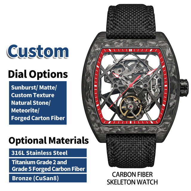 OEM Custom logo Automatic Mechanical Watches Skeleton Dial Carbon Fiber Rectangle case nylon strap Men leisure sports Wristwatch