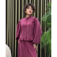 Set 2 Potong Warna Biru Debu Musim Gugur 2026 Grosir, Blus Kerah Mandarin Berumbai dan Rok Maxi A-Line yang Mengembang, Elegan untuk Wanita