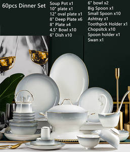 Service de table en céramique dorée Europe, vaisselle de luxe en porcelaine fine, bols à soupe et assiettes grises - Product Image 4