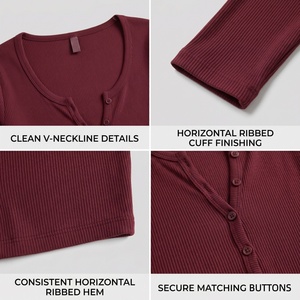 Camiseta Corta Ajustada de Manga Larga con Cuello en V y Botones para Mujer, Diseño Personalizado al por Mayor, OEM, TKAN1156D, Color Sólido Informal, Básica - Product Image 2
